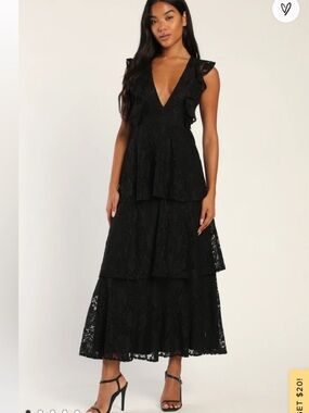 Lulus Molinetto Black Lace Ruffled Tiered Sleeveless Maxi Dress